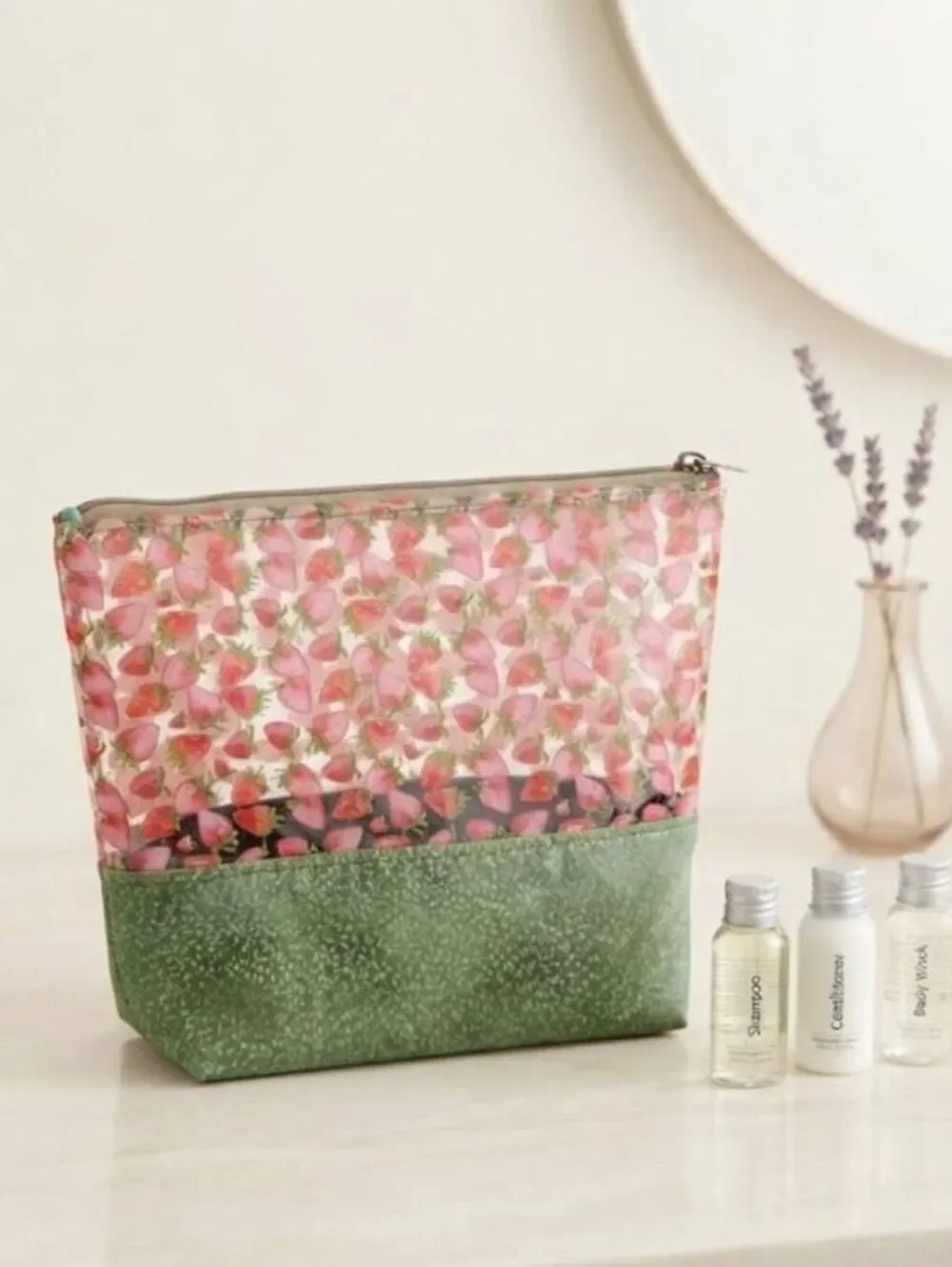 Spacious strawberry vinyl and cotton travel toiletry & cosmetic bag. sweet bag